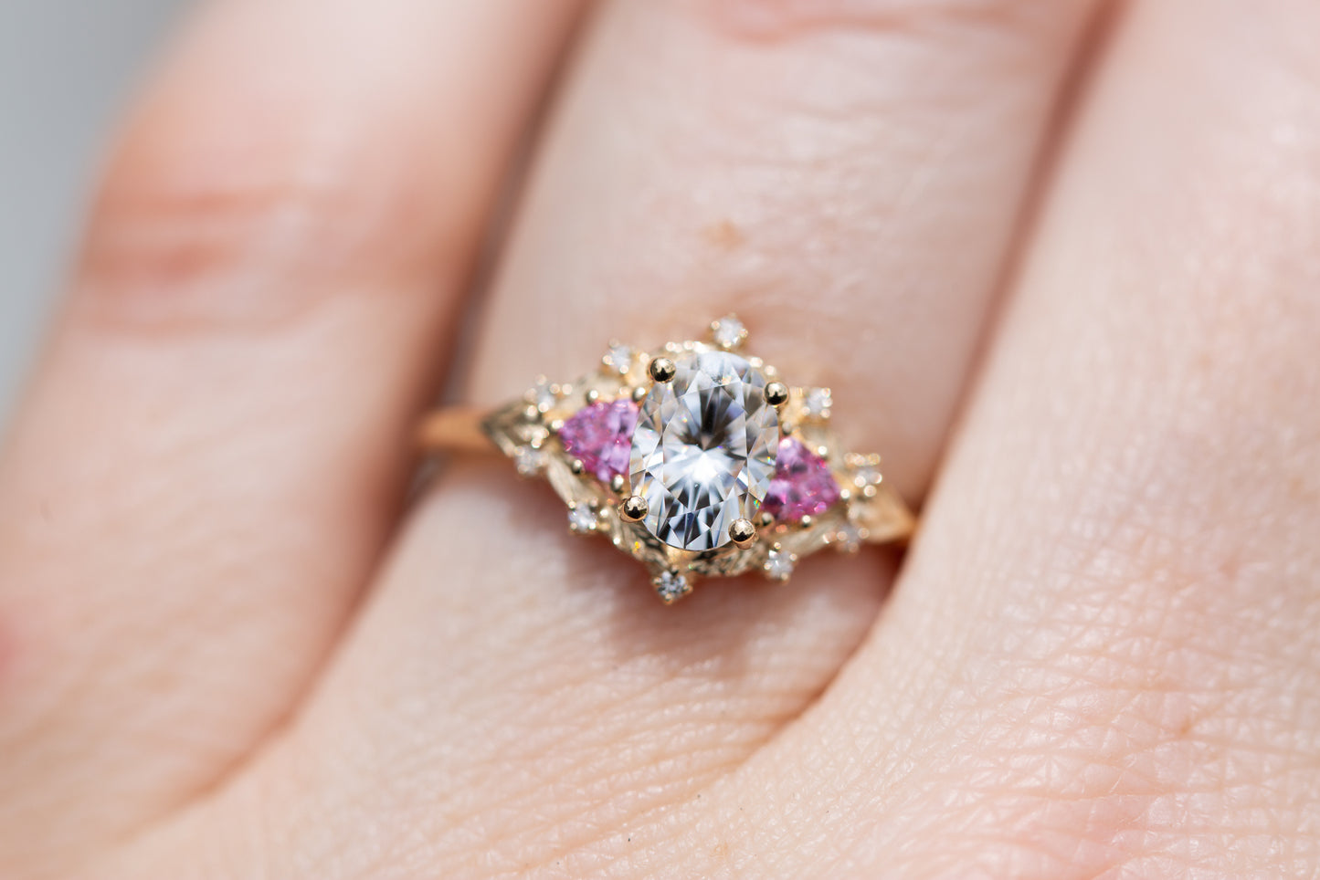 Load image into Gallery viewer, Woodland three stone with moissanite and pink sapphire
