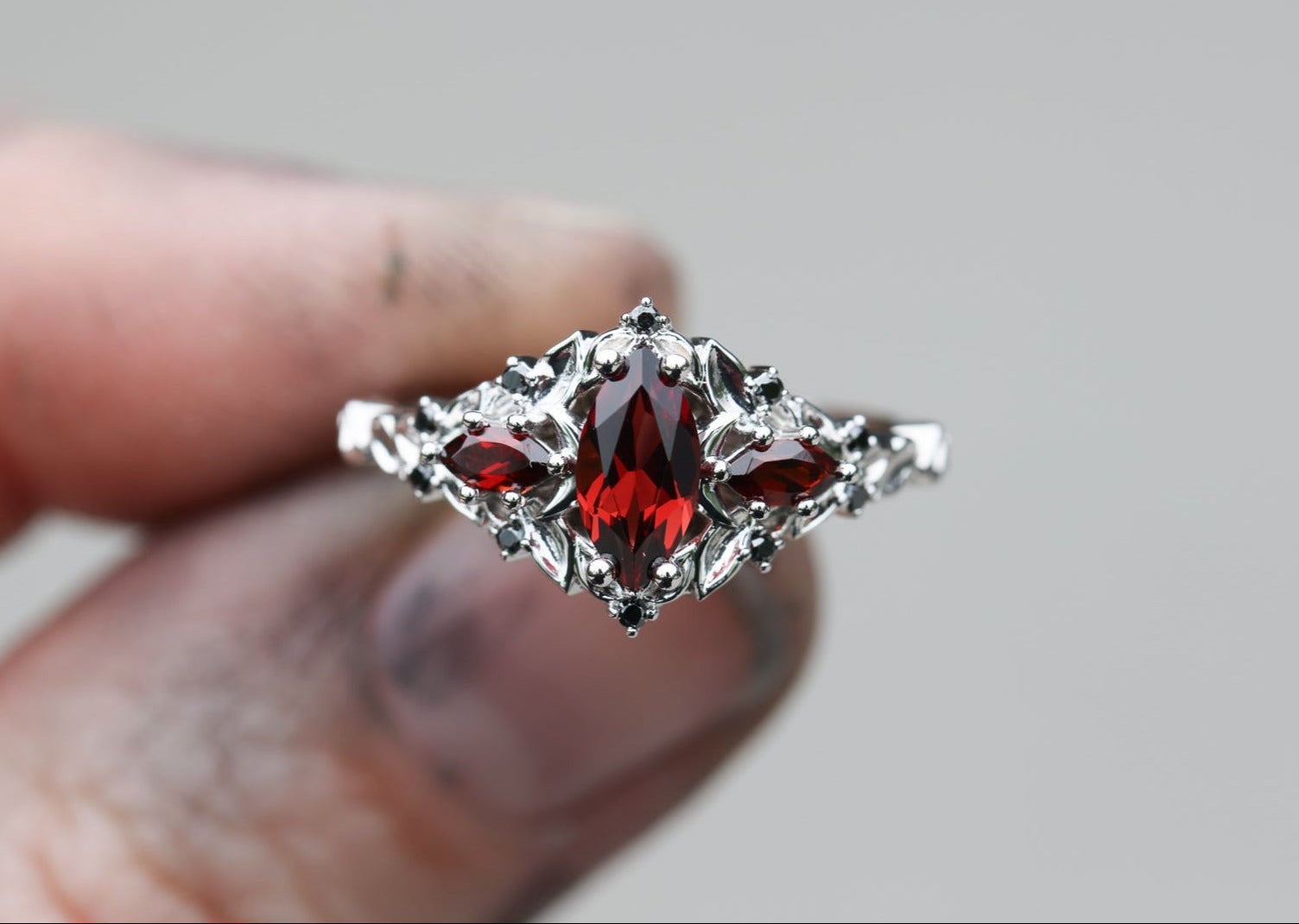 Briar Moon Three Stone with 8x4mm garnet center stone – Oore Jewelry