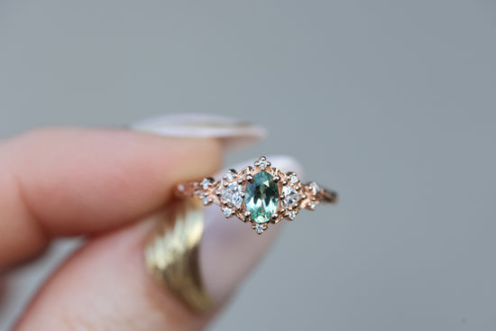 Ready to ship- 6.5 14k rose briar three stone lab green sapphire