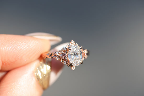 Ready to ship, size 6.5 14k rose gold Briar rose three stone with 1.2ct lab diamond