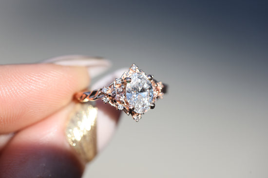 Ready to ship, size 6.5 14k rose gold Briar rose three stone with 1.2ct lab diamond