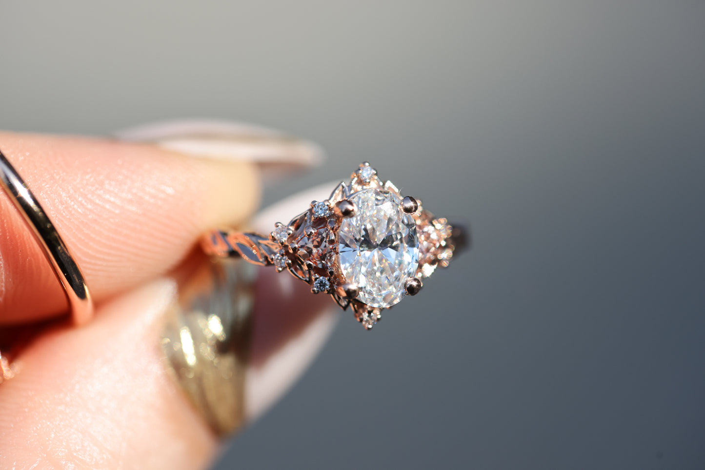 Ready to ship, size 6.5 14k rose gold Briar rose three stone with 1.2ct lab diamond