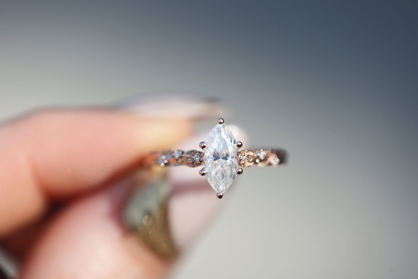 Ready to ship, Size 7 14k rose gold Rowan with marquise moissanite