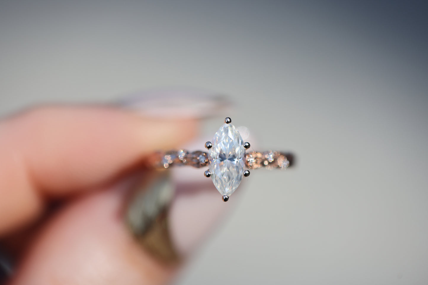 Ready to ship, Size 7 14k rose gold Rowan with marquise moissanite