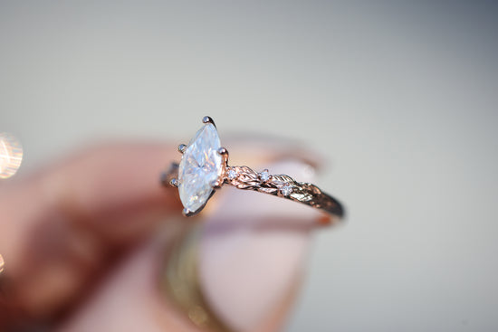 Ready to ship, Size 7 14k rose gold Rowan with marquise moissanite