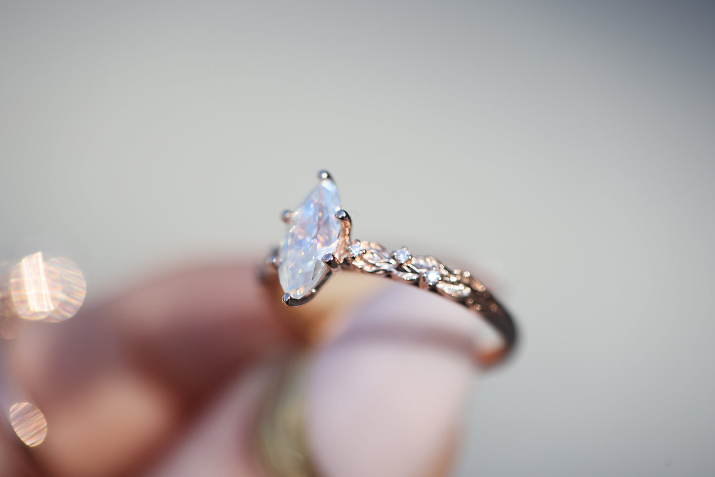 Ready to ship, Size 7 14k rose gold Rowan with marquise moissanite