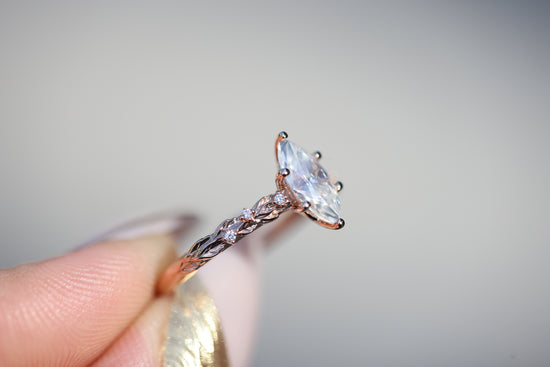 Ready to ship, Size 7 14k rose gold Rowan with marquise moissanite