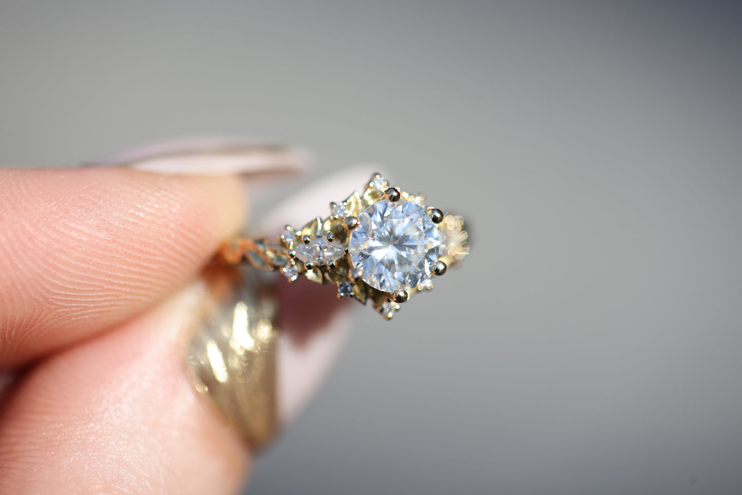 Ready to ship, 5.25 18k yellow briar rose three stone with 6.5mm moissanite