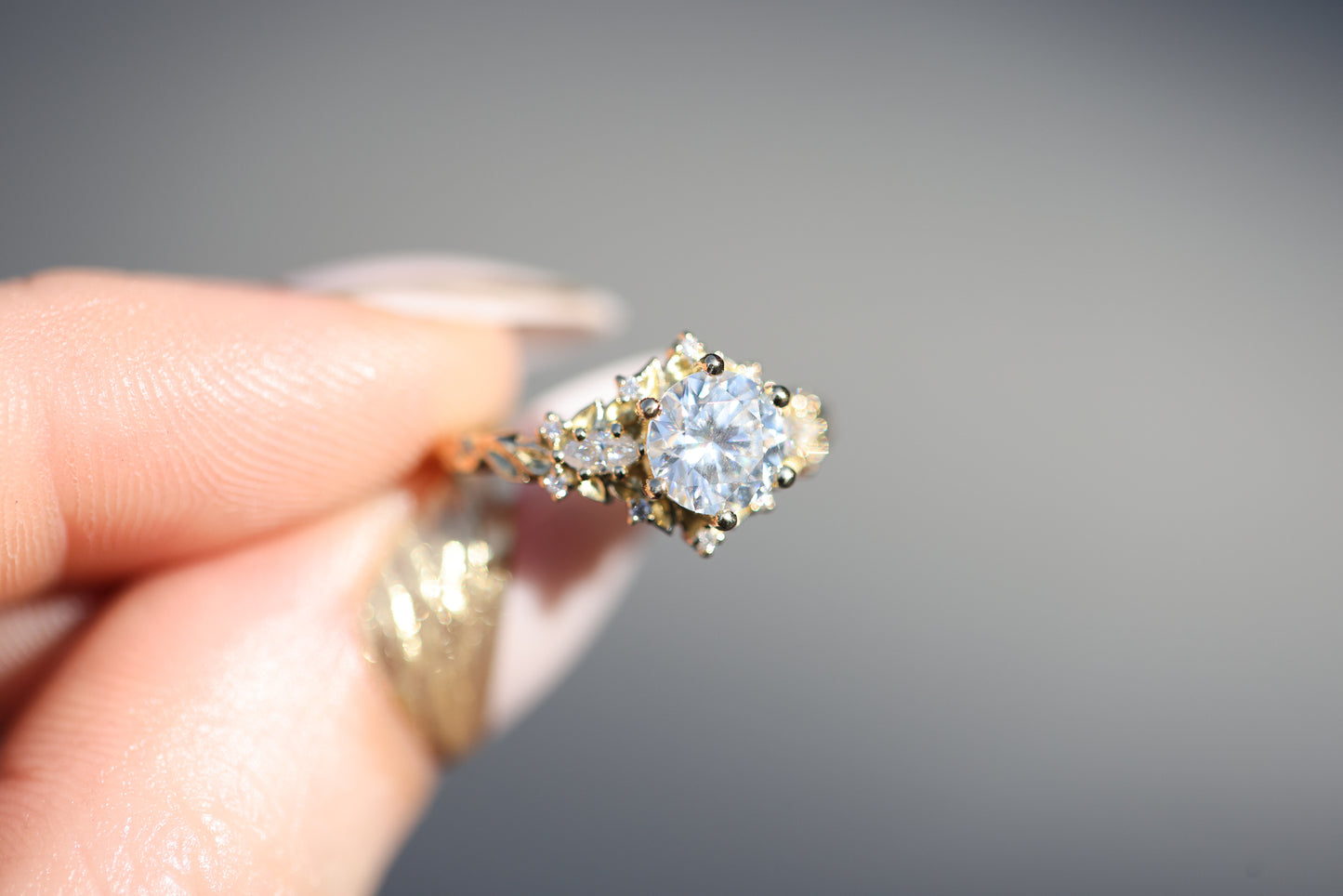 Ready to ship, 5.25 18k yellow briar rose three stone with 6.5mm moissanite