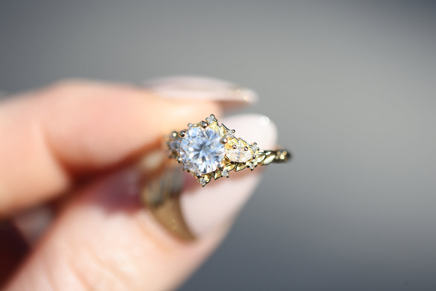 Ready to ship, 5.25 18k yellow briar rose three stone with 6.5mm moissanite