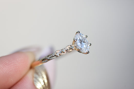 Ready to ship, size 11 14k yellow Rowan setting with oval moissanite