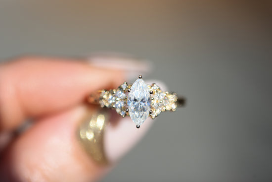 Ready to ship, Size 7 14k yellow Enchanted Garden with marquise moissanite