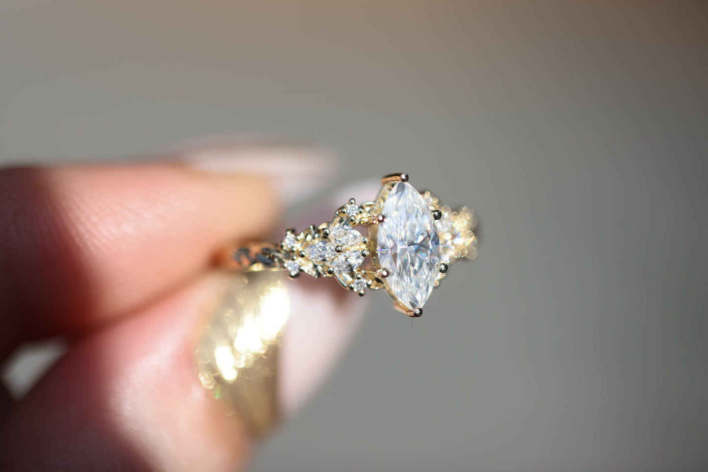 Ready to ship, Size 7 14k yellow Enchanted Garden with marquise moissanite