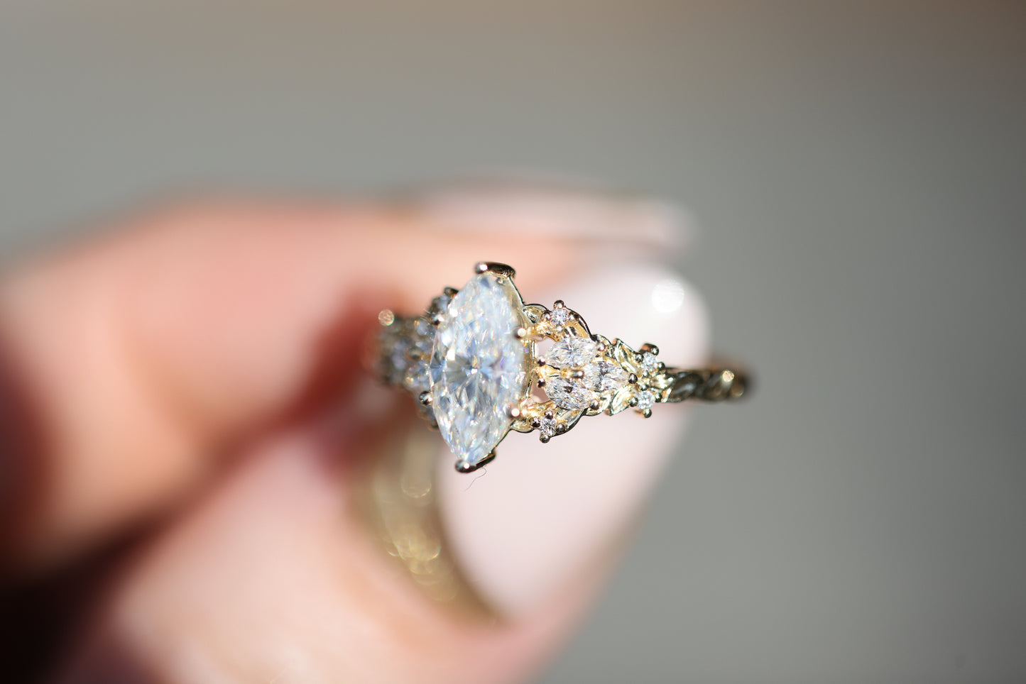 Ready to ship, Size 7 14k yellow Enchanted Garden with marquise moissanite