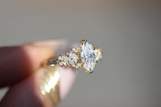 Ready to ship, Size 7 14k yellow Enchanted Garden with marquise moissanite