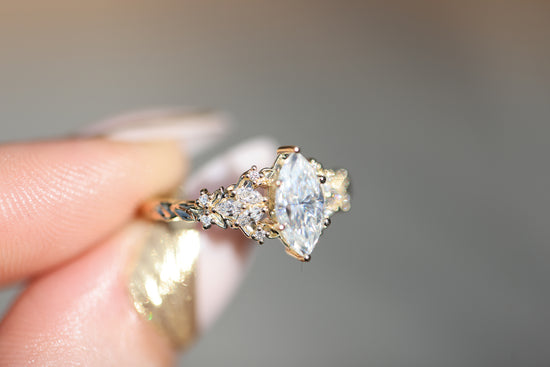 Ready to ship, Size 7 14k yellow Enchanted Garden with marquise moissanite