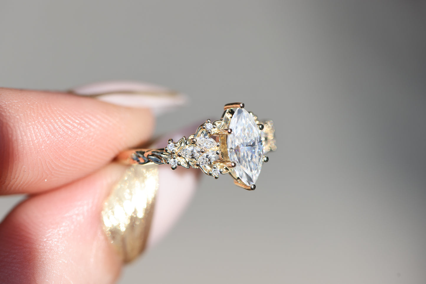 Ready to ship, Size 7 14k yellow Enchanted Garden with marquise moissanite