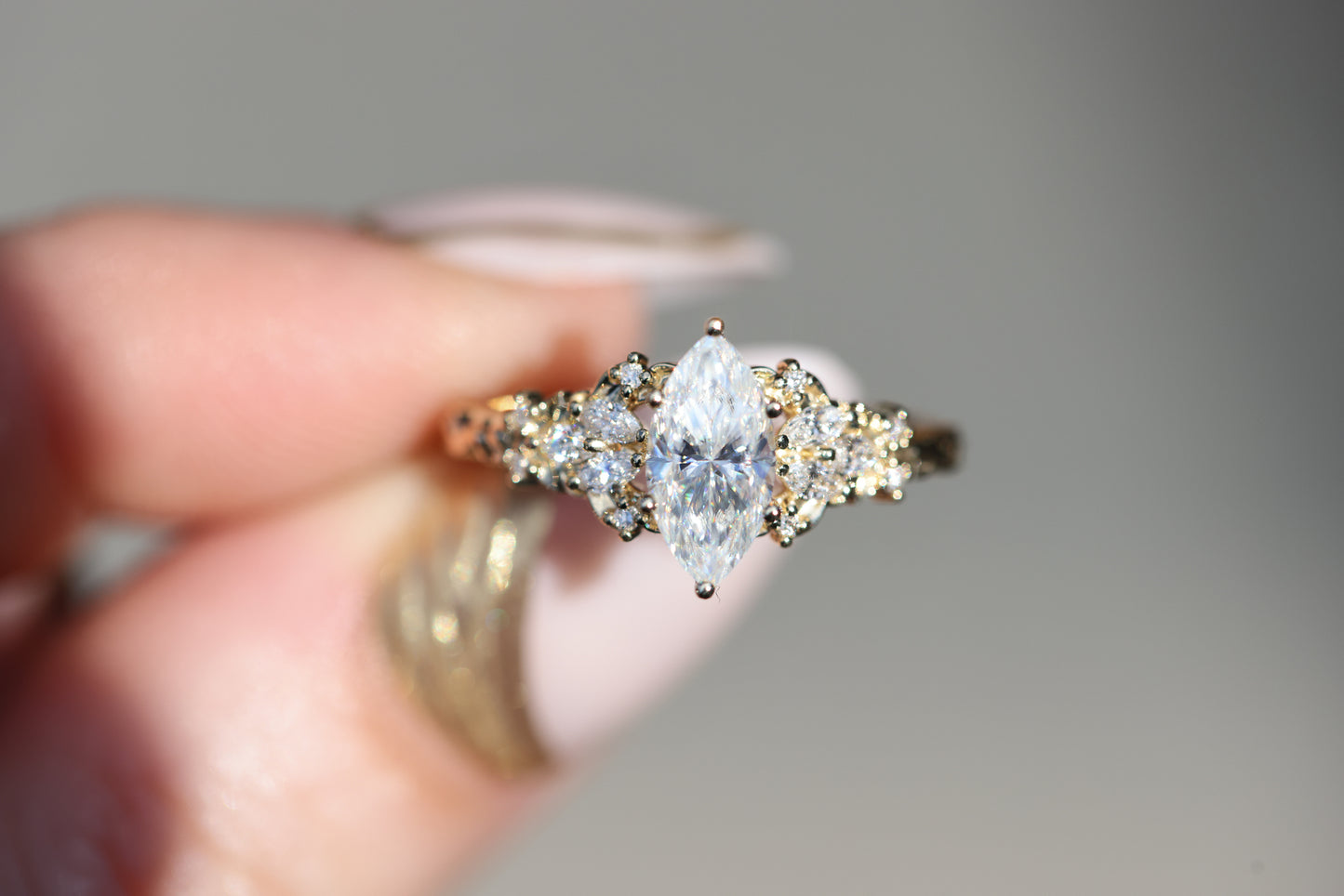 Ready to ship, Size 7 14k yellow Enchanted Garden with marquise moissanite