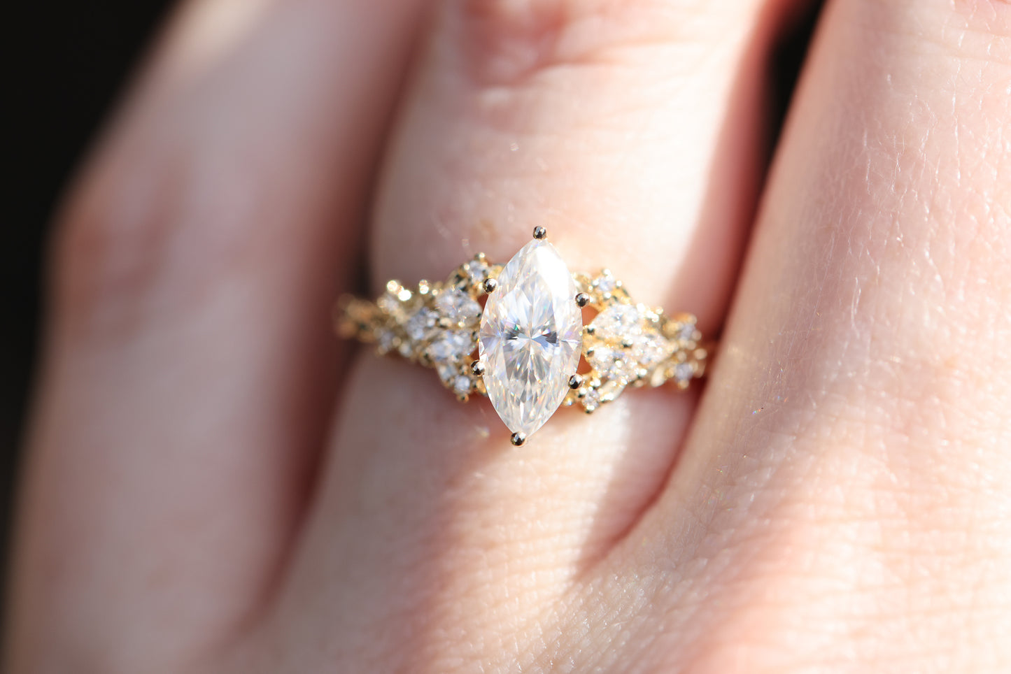 Ready to ship, Size 7 14k yellow Enchanted Garden with marquise moissanite