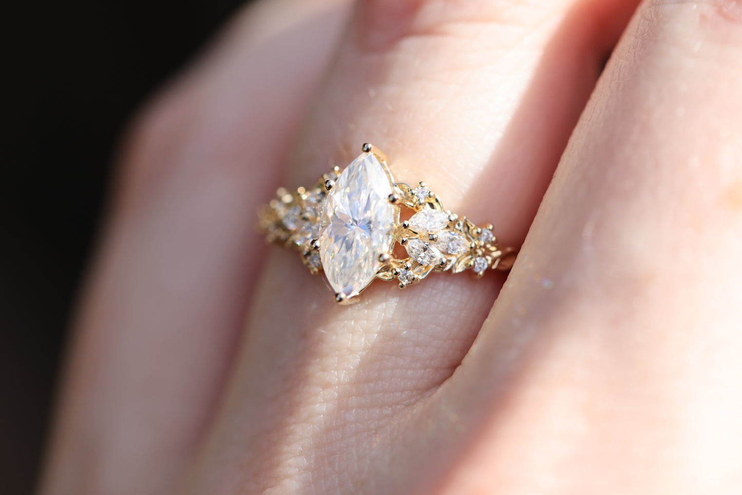 Ready to ship, Size 7 14k yellow Enchanted Garden with marquise moissanite