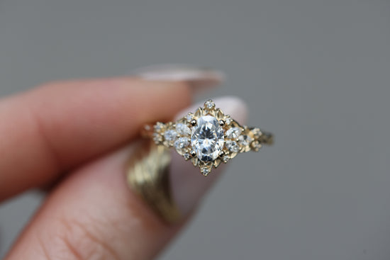 Ready to ship, Size 7 14k yellow Briar starlight with oval moissanite