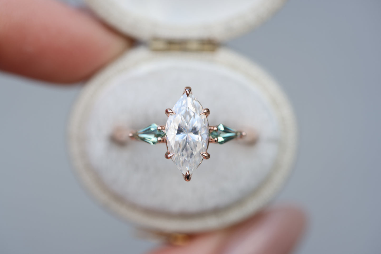 Artemis with marquise moissanite and lab green sapphire