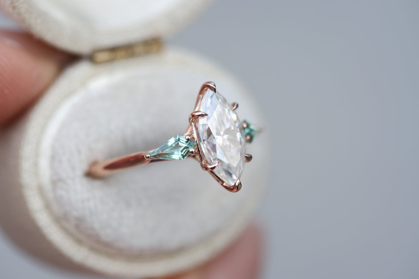 Artemis with marquise moissanite and lab green sapphire