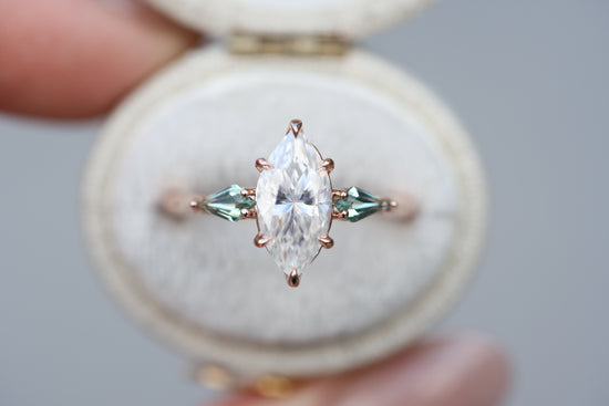 Artemis with marquise moissanite and lab green sapphire