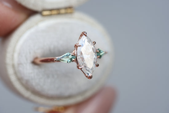 Artemis with marquise moissanite and lab green sapphire