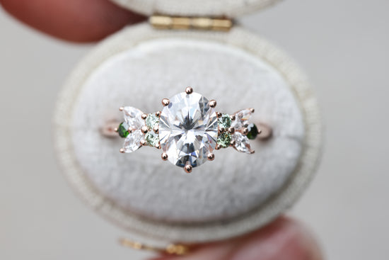 Primrose setting with moissanite and green diamonds