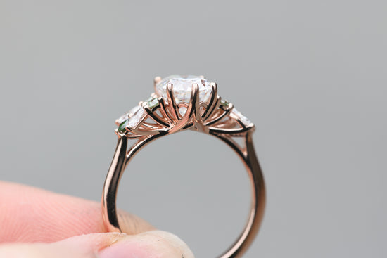 Primrose setting with moissanite and green diamonds