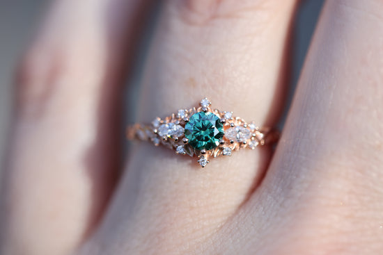 Briar rose three stone with round green moissanite