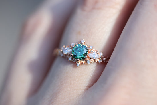 Briar rose three stone with round green moissanite