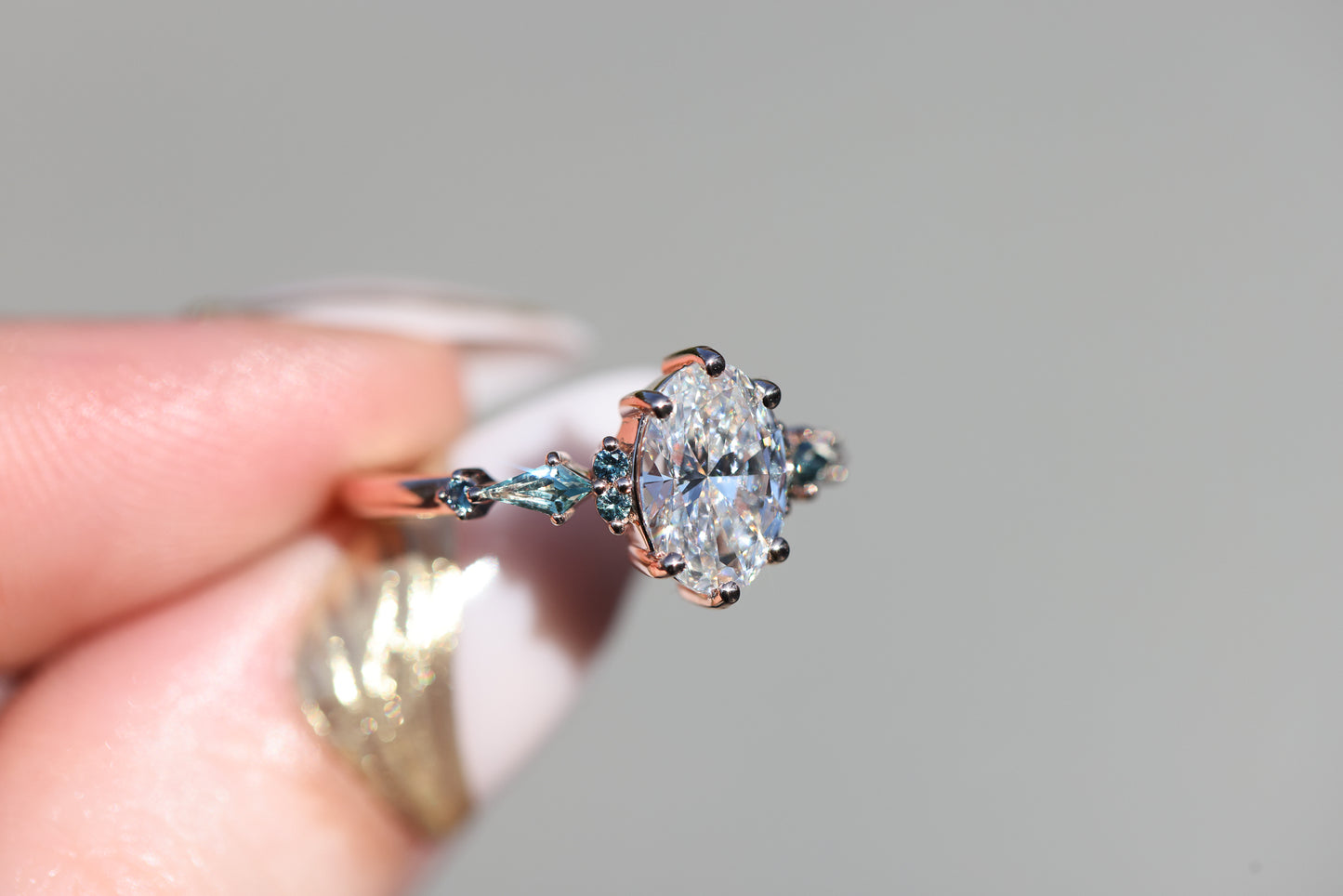 Ready to ship, Size 7 14k rose Athena setting with oval lab diamond and green sapphire