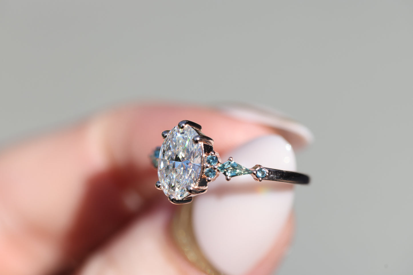 Ready to ship, Size 7 14k rose Athena setting with oval lab diamond and green sapphire