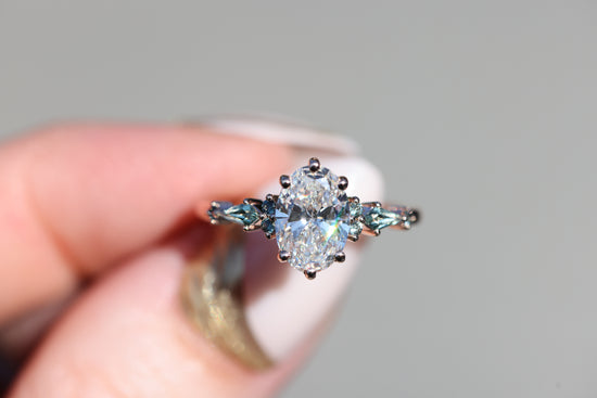 Ready to ship, Size 7 14k rose Athena setting with oval lab diamond and green sapphire