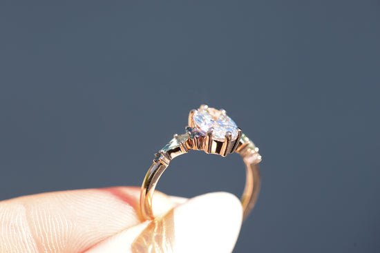 Ready to ship, Size 7 14k rose Athena setting with oval lab diamond and green sapphire