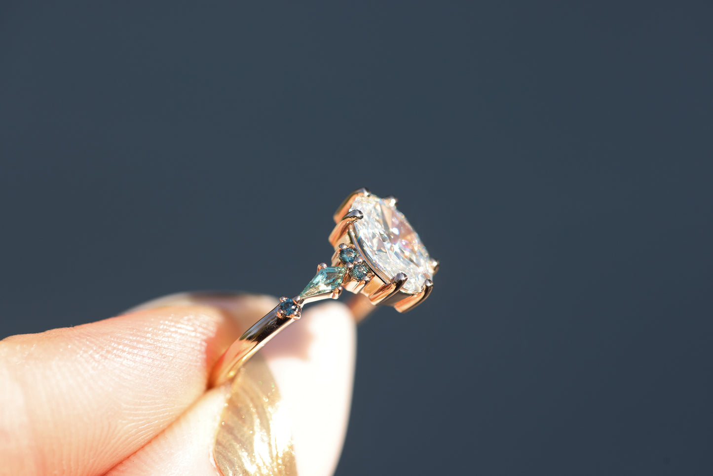 Ready to ship, Size 7 14k rose Athena setting with oval lab diamond and green sapphire