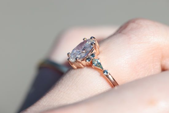 Ready to ship, Size 7 14k rose Athena setting with oval lab diamond and green sapphire