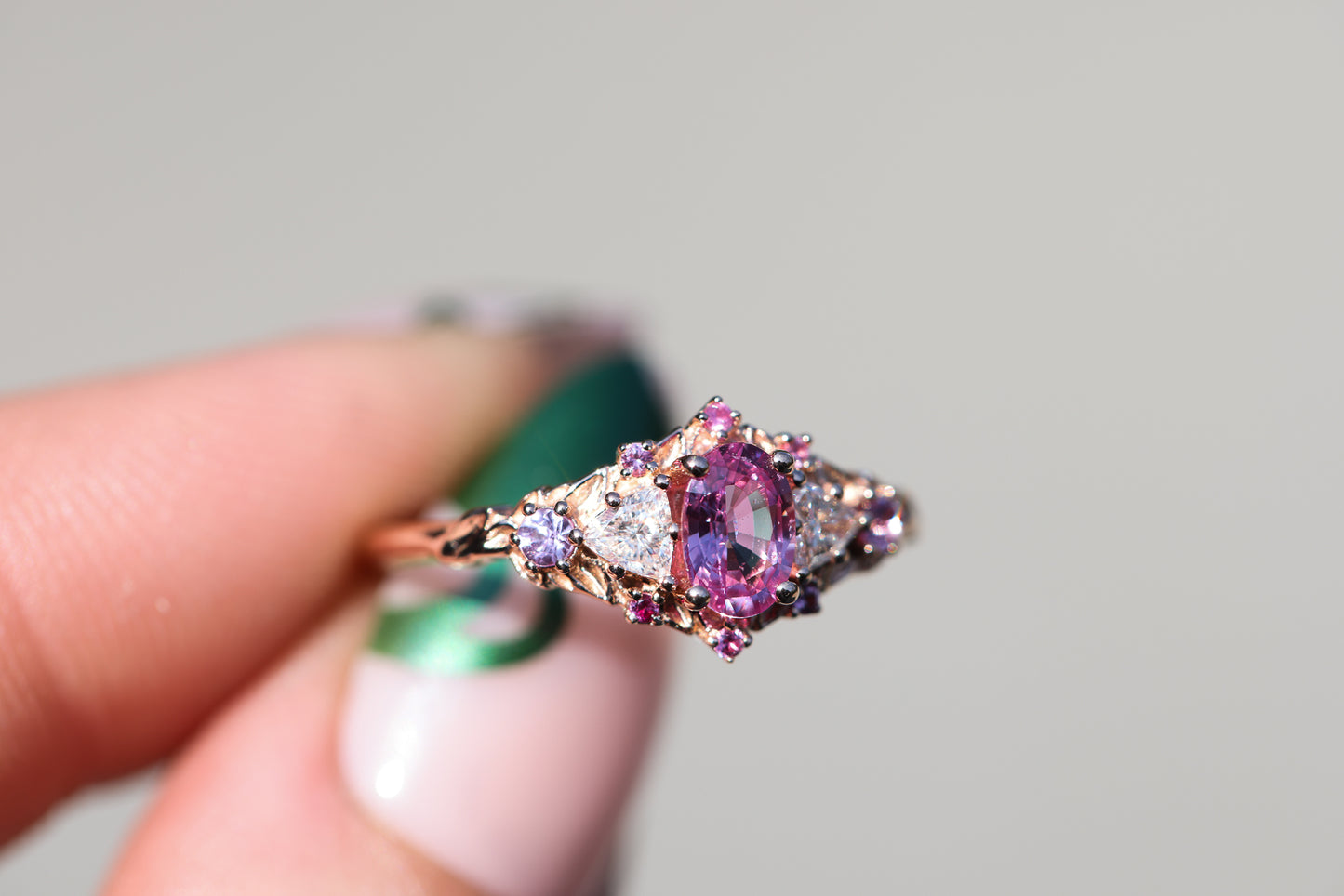 Briar rose five stone setting with natural pink sapphire