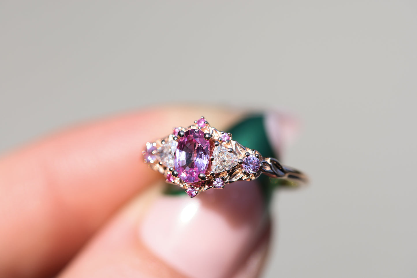 Briar rose five stone setting with natural pink sapphire