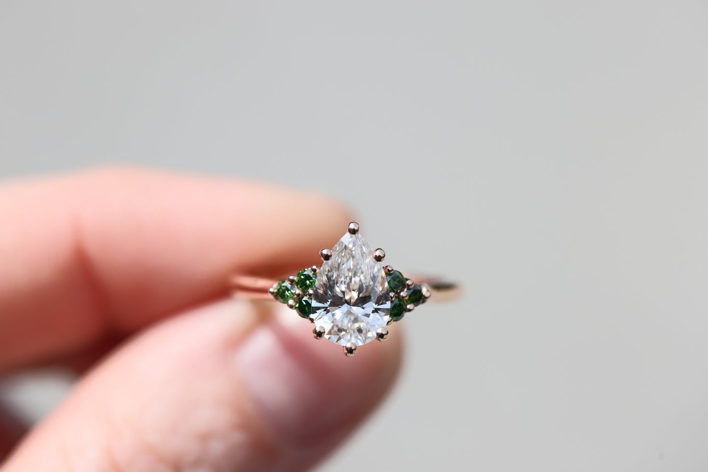 Ready to ship- Size 7 14k rose open work with lab diamond and dark green diamond