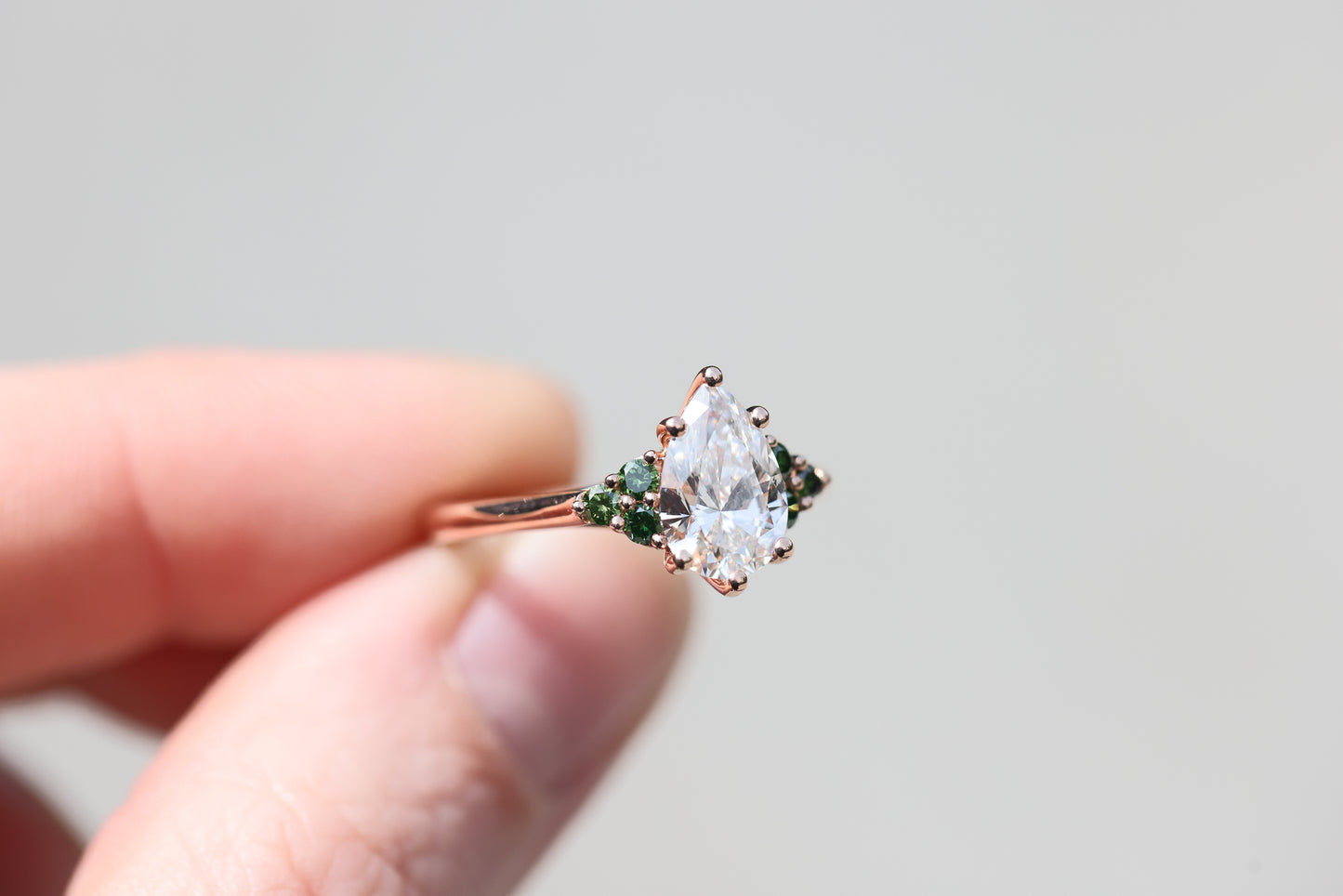 Ready to ship- Size 7 14k rose open work with lab diamond and dark green diamond