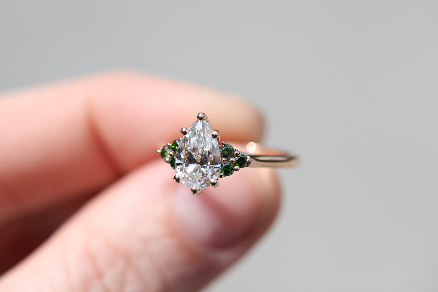 Ready to ship- Size 7 14k rose open work with lab diamond and dark green diamond