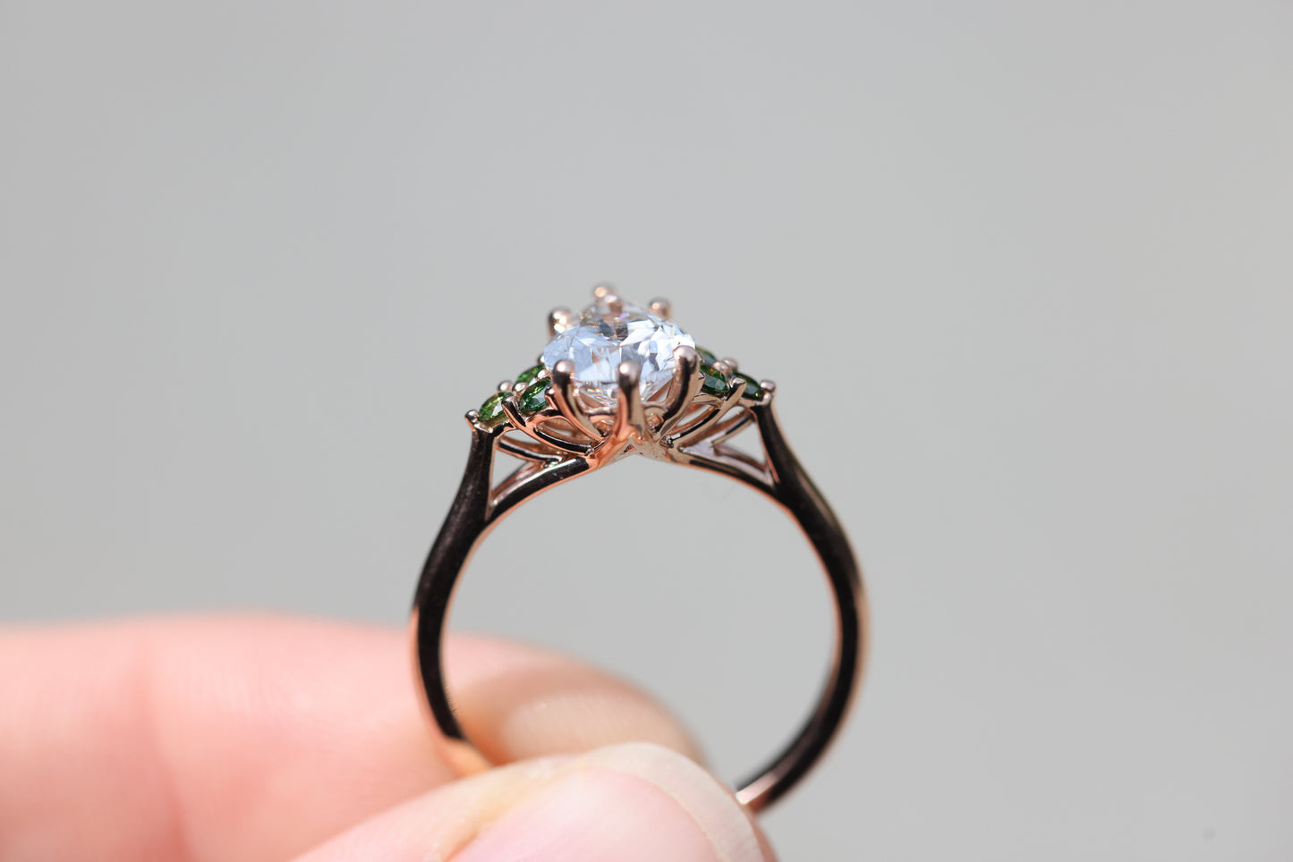 Ready to ship- Size 7 14k rose open work with lab diamond and dark green diamond