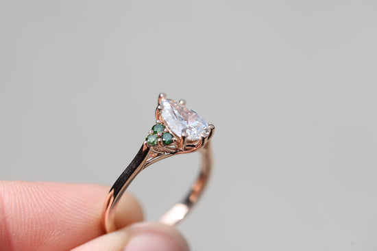 Ready to ship- Size 7 14k rose open work with lab diamond and dark green diamond