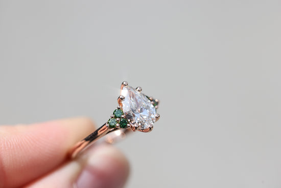 Ready to ship- Size 7 14k rose open work with lab diamond and dark green diamond