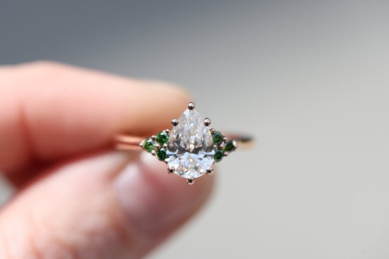 Ready to ship- Size 7 14k rose open work with lab diamond and dark green diamond