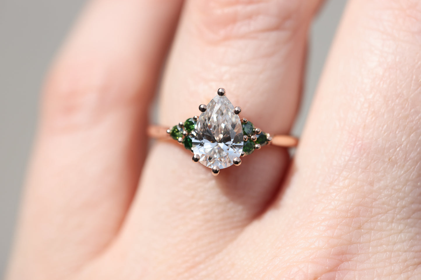 Ready to ship- Size 7 14k rose open work with lab diamond and dark green diamond