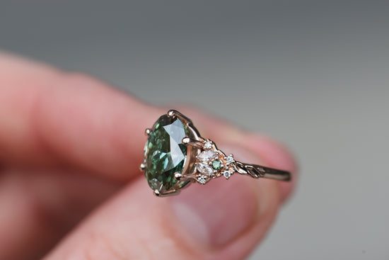 Ready to ship, Size 7 14k rose enchanted garden with lab green diamond